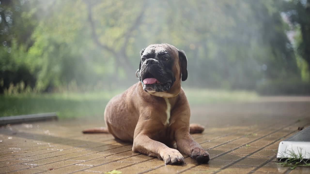 炎炎夏日，一只拳师犬在水帘旁乘凉。视频素材