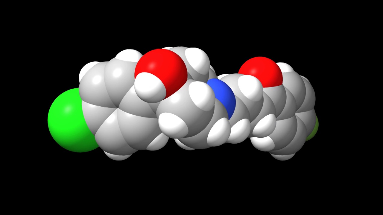 抗精神病药物氟哌啶醇的球棍动画模型和空间填充模型视频素材