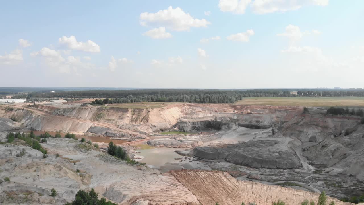 巨型铁矿露天采石场。大型粘土坑开采。采石场中挖掘机和机械将矿石装入自卸卡车的鸟瞰图。红色粘土采石场的湖泊。工业的概念视频素材