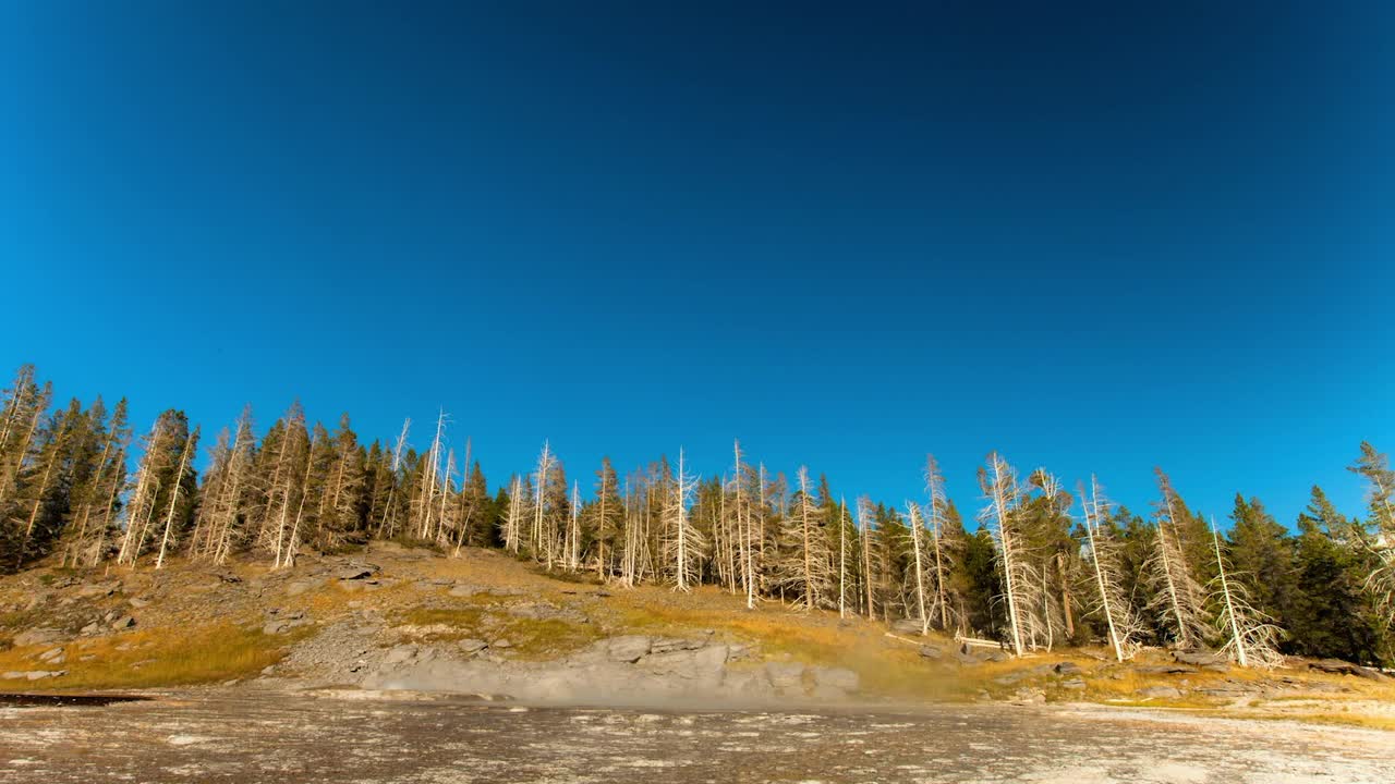 时间流逝风景视图彩虹从间歇泉风景视图彩虹从间歇泉森林在阳光日-黄石国家公园，怀俄明州视频素材