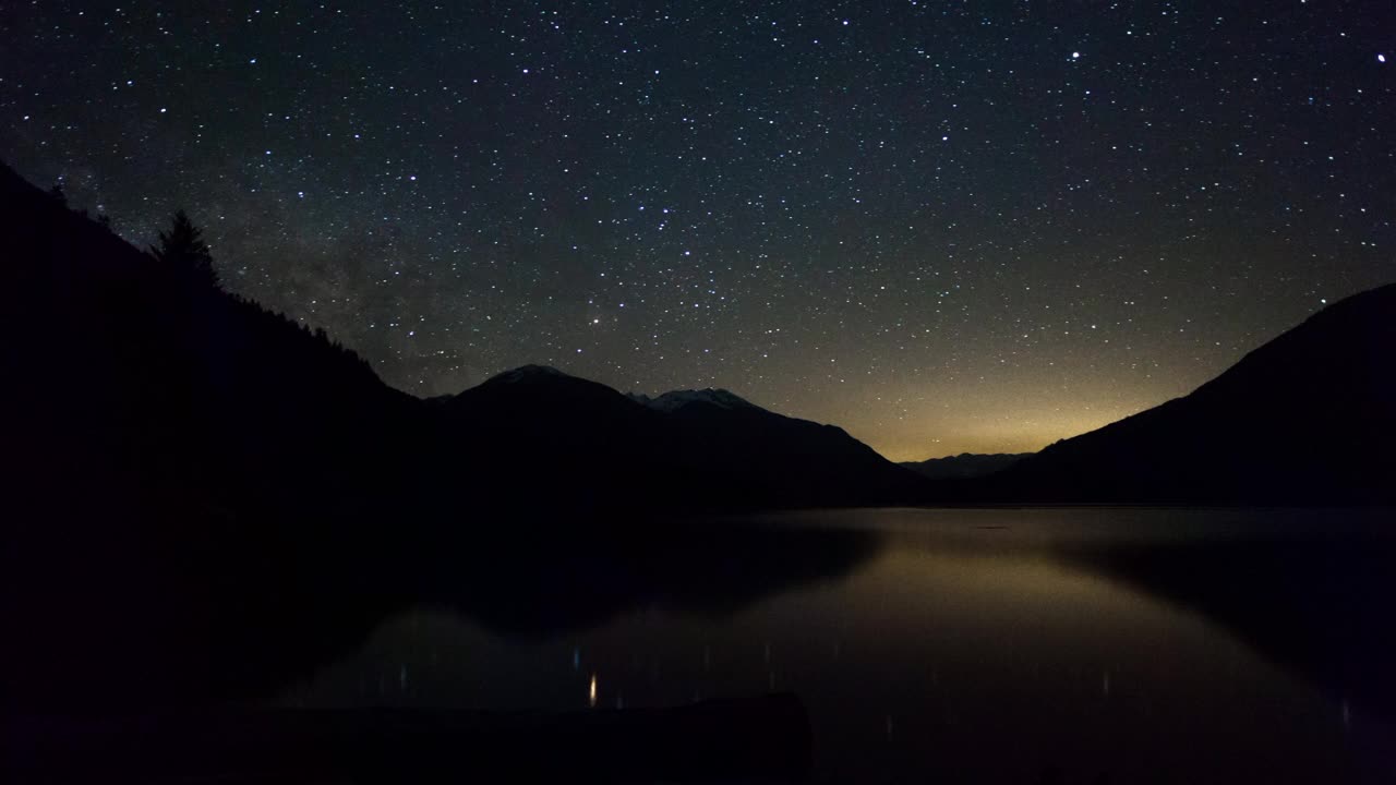 当星星在天空中移动时，时间的推移锁定宏伟的风景在湖旁的山-温哥华，加拿大视频素材