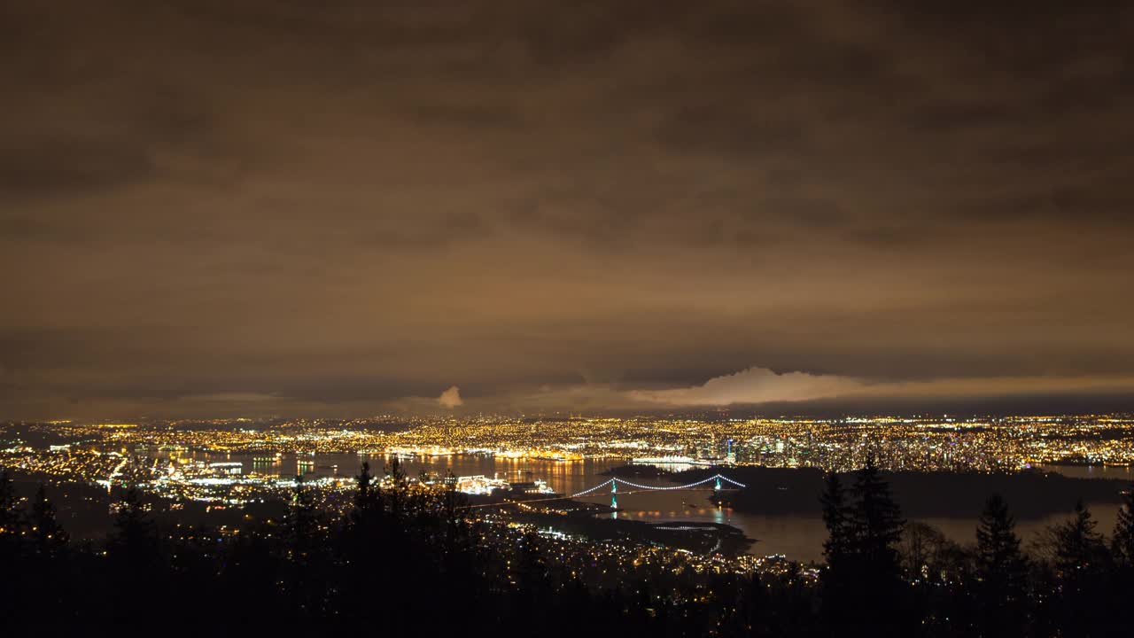 空中封锁延时风景著名的桥在城市的海在夜间-温哥华，加拿大视频素材