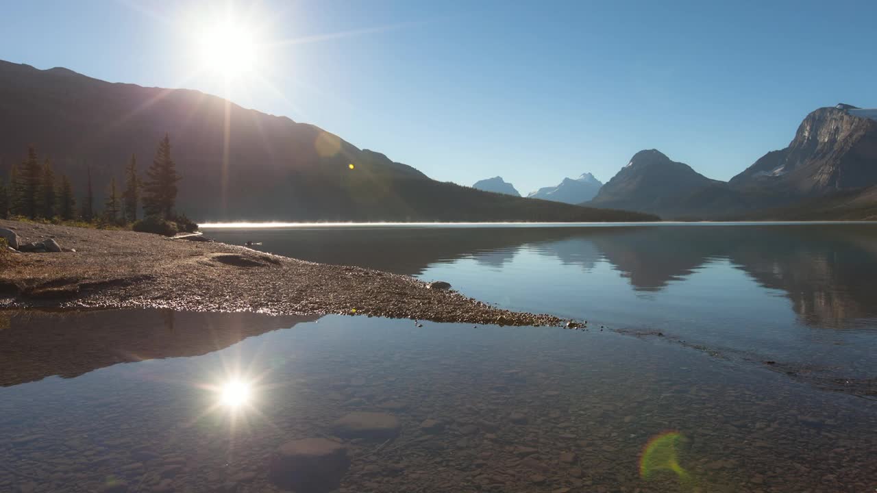 封锁时间的湖泊和山脉风景在晴朗的天空下，游客在假期中探索-不列颠哥伦比亚省，加拿大视频素材