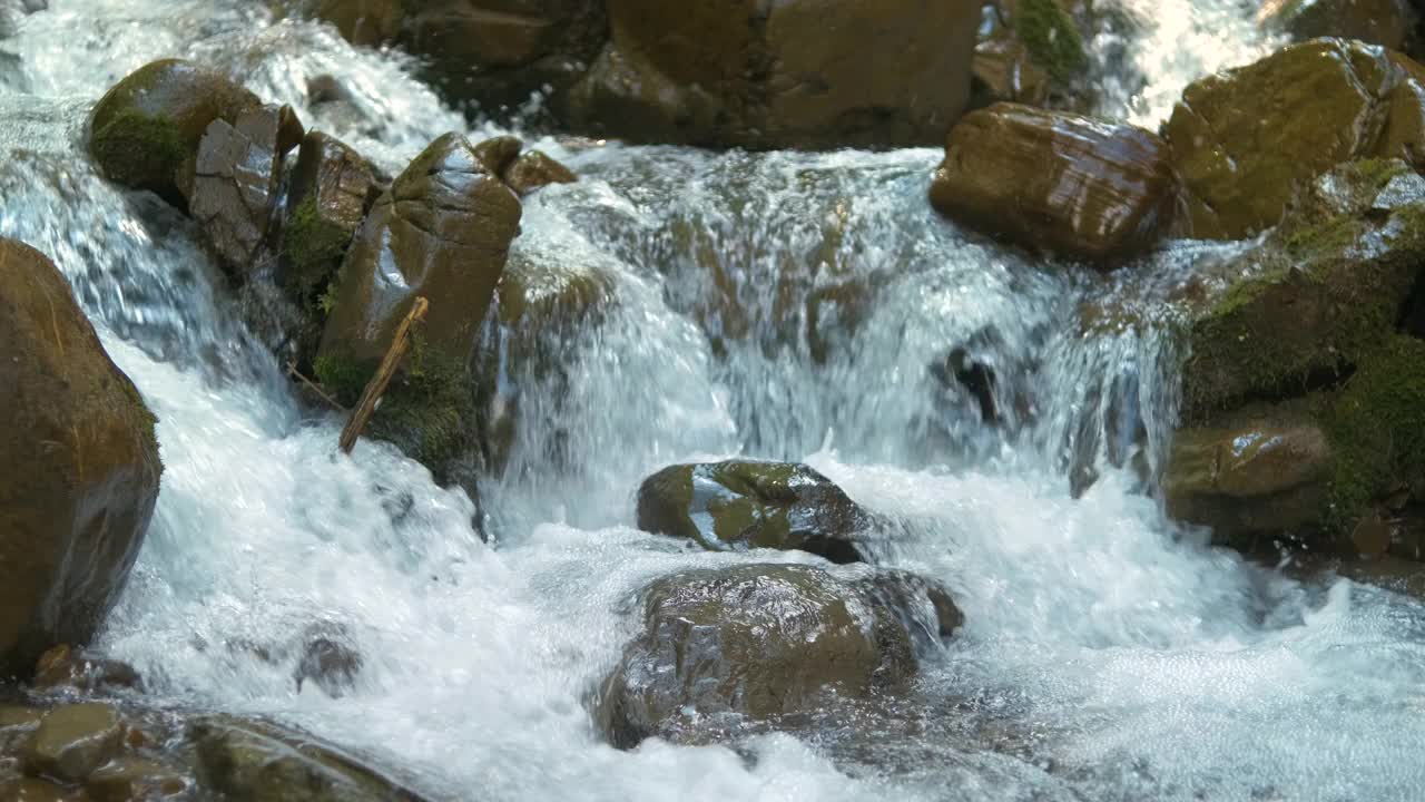 在夏天的森林里，清澈的蓝色的水在潮湿的石头之间流动。视频素材