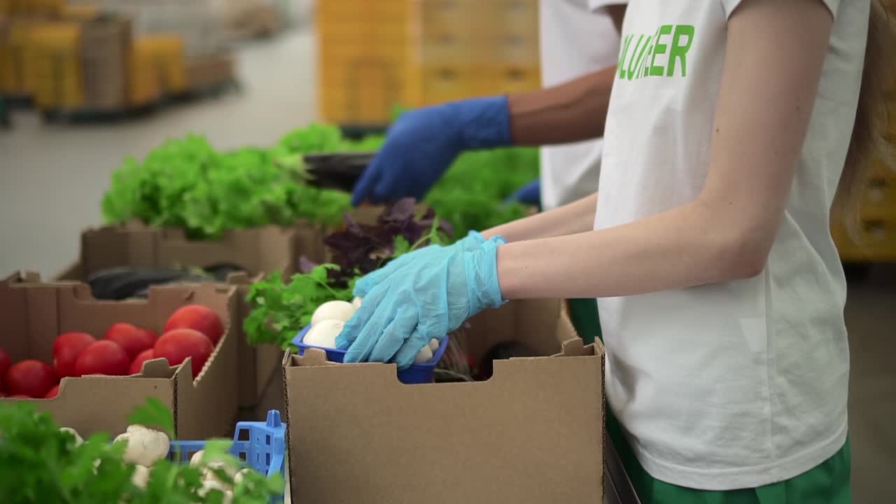 志愿者帮助捐赠食物给社会社区的人们视频素材