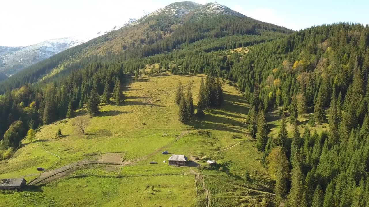 高高的山峰上覆盖着秋天的云杉林，高高的山峰上覆盖着积雪。视频素材