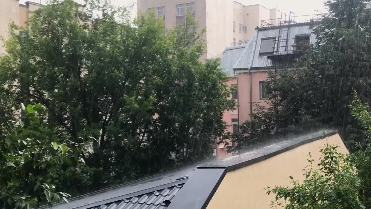 强烈的倾盆大雨。外面是绿树，城市的住宅楼视频素材