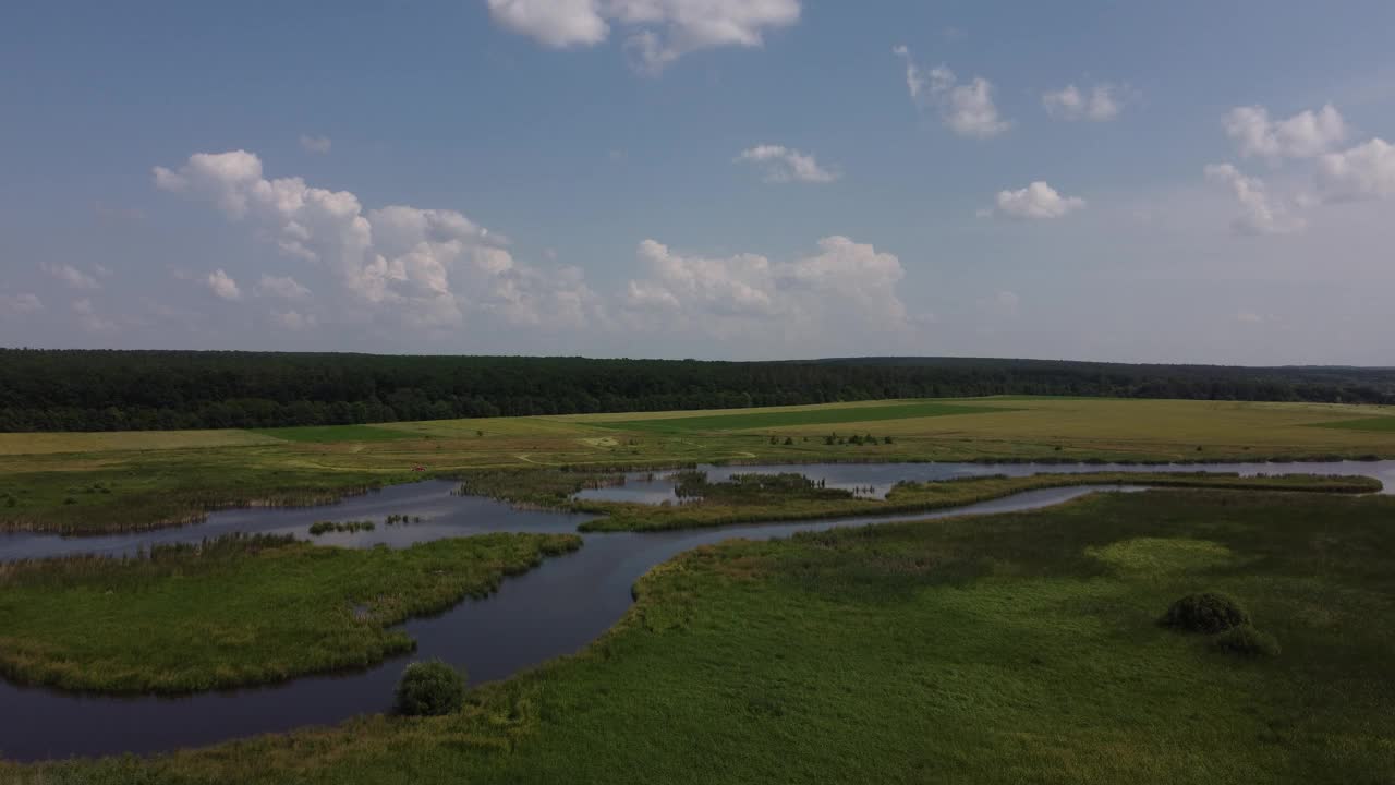 江水在原野中，绿草在河谷中架空。没有人在春天的太阳日自然景观。自然美景。森林中的田园绿意。海岸农田绿化视频素材