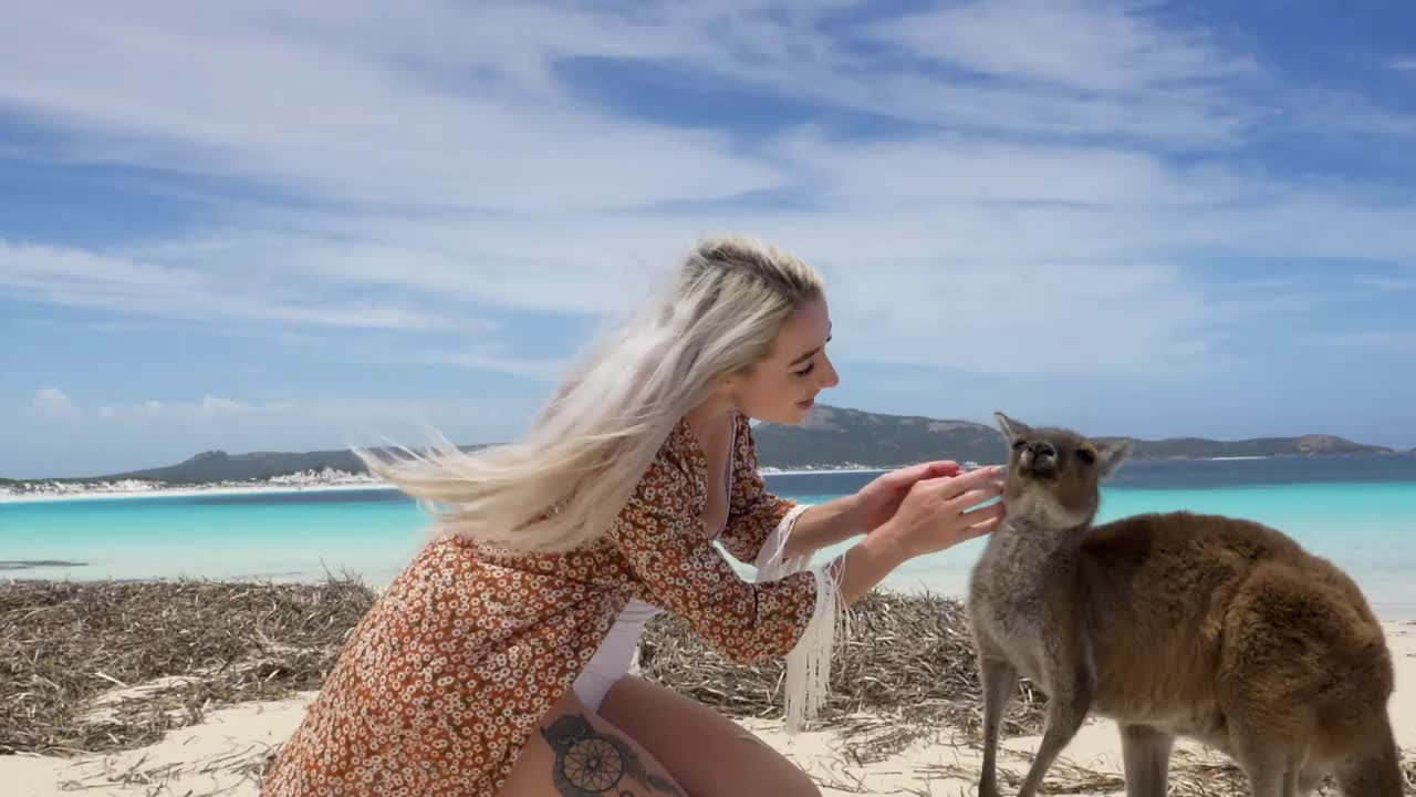 金发的澳大利亚女性玩袋鼠在幸运湾西澳大利亚股票视频视频素材