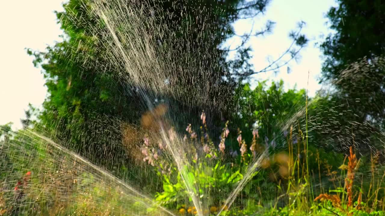 花园的草浇水。智能花园激活与全自动喷灌系统在绿色公园工作。草灌溉。花园灌溉洒水车浇灌草坪。视频素材