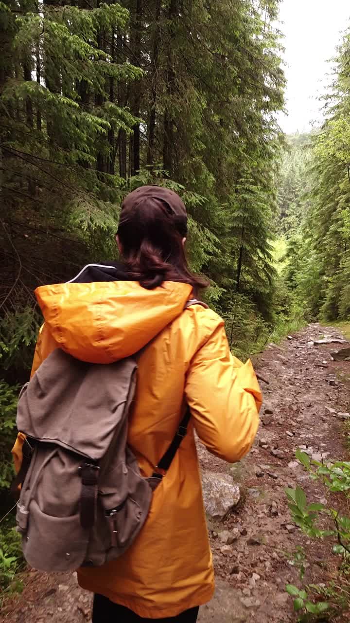 穿着黄色雨衣的女人正沿着山林小径徒步旅行视频素材