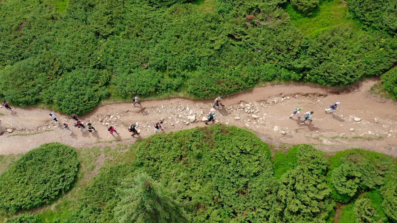 一群年轻人沿着山路走向山顶的鸟瞰图。视频素材