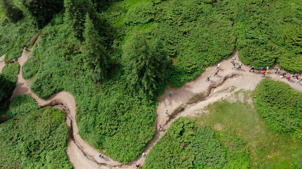 一群年轻的徒步旅行者沿着山路走到山顶的鸟瞰图。视频素材