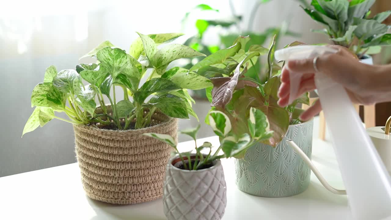 女园丁在陶瓷花盆中浇水和喷洒植物视频素材