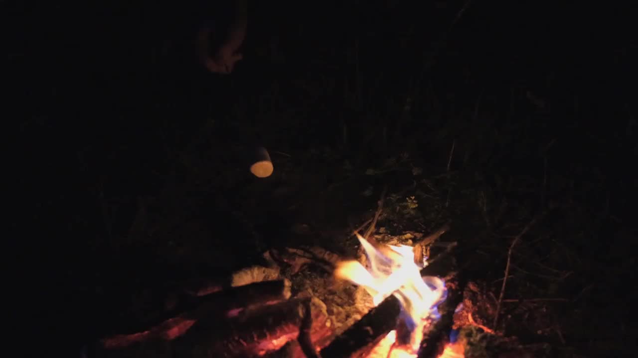 夜晚篝火特写，木头在燃烧。手在火棍上转动棉花糖，慢动作。视频素材