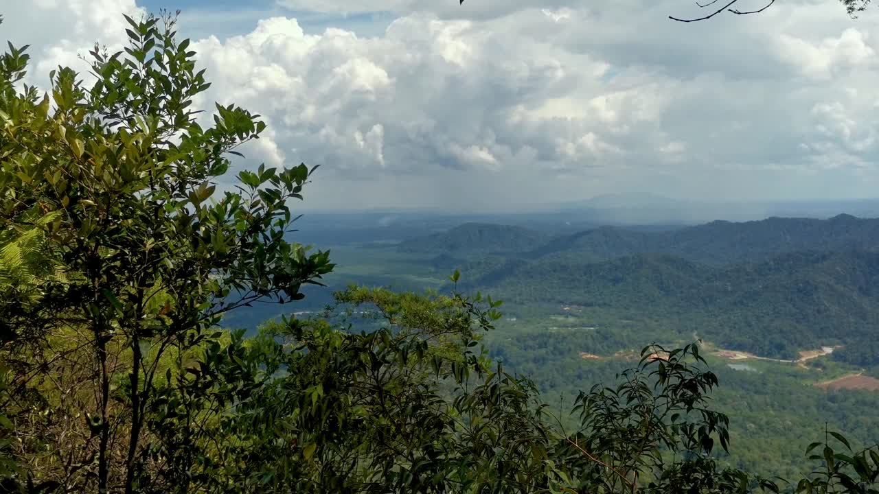 马来西亚古农潘提的热带雨林山脉全景。山、峰、崖、石、岭、景、绿草、天、云、自然、未开垦的自然，从山顶眺望视频素材