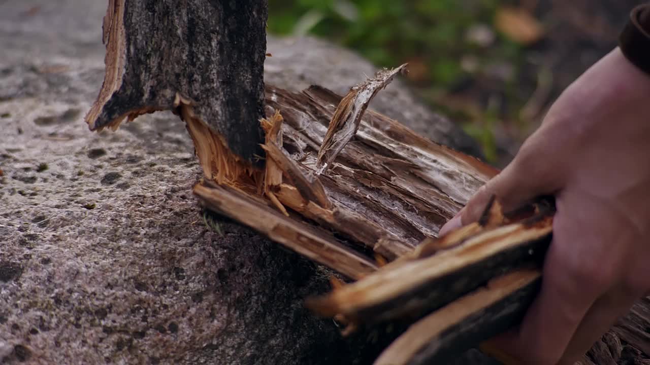 年轻的旅行者在森林里点燃大自然的火。拿着婚戒的手靠近点。露营。爬山。旅游业。旅行视频下载