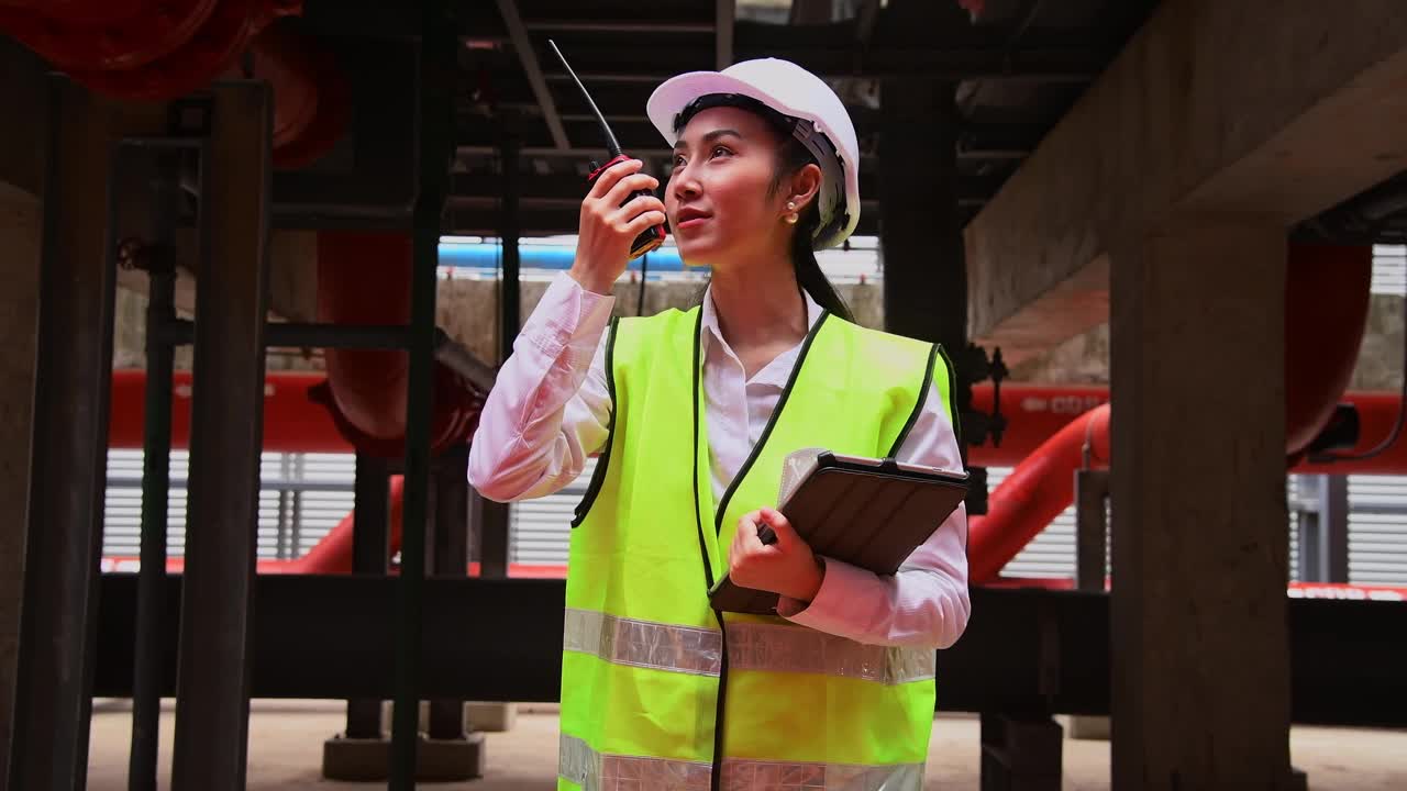 工程师正在检查的工业冷却塔空调是大型工业建筑HVAC的水冷塔空气冷却器，以控制空气系统，佩戴口罩保护污染。视频素材