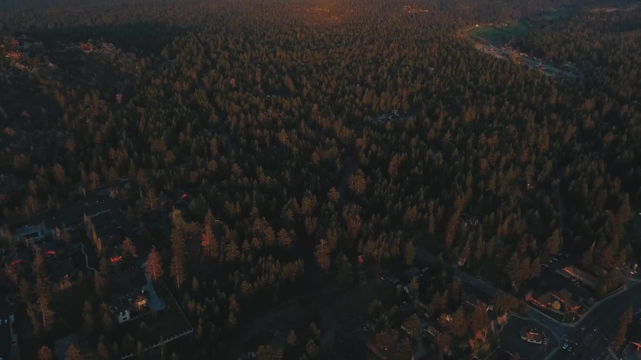 在大熊太阳观测站附近的地平线上，浓密的森林、房屋和山脉的空中镜头，无人机拍摄的大熊湖，加利福尼亚，美国视频素材