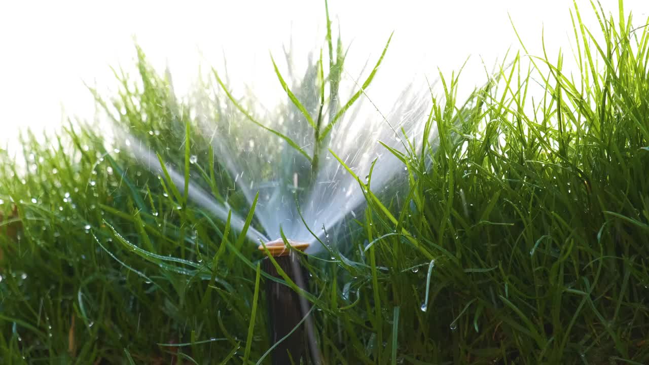 夏季花园用塑料喷灌机用水浇灌草坪。在旱季浇灌绿色植物，保持其新鲜。视频素材