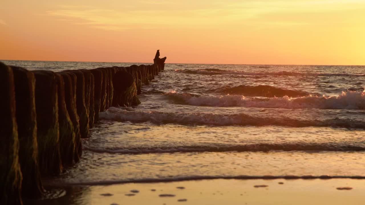 沙滩上的木杆，金色的夕阳。波浪破浪杆头在海洋海浪。视频素材