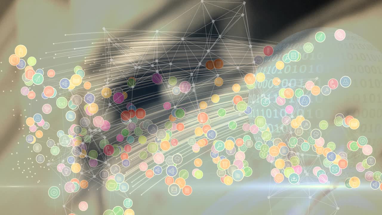 动画的网络连接与数字图标在模糊的背景视频素材
