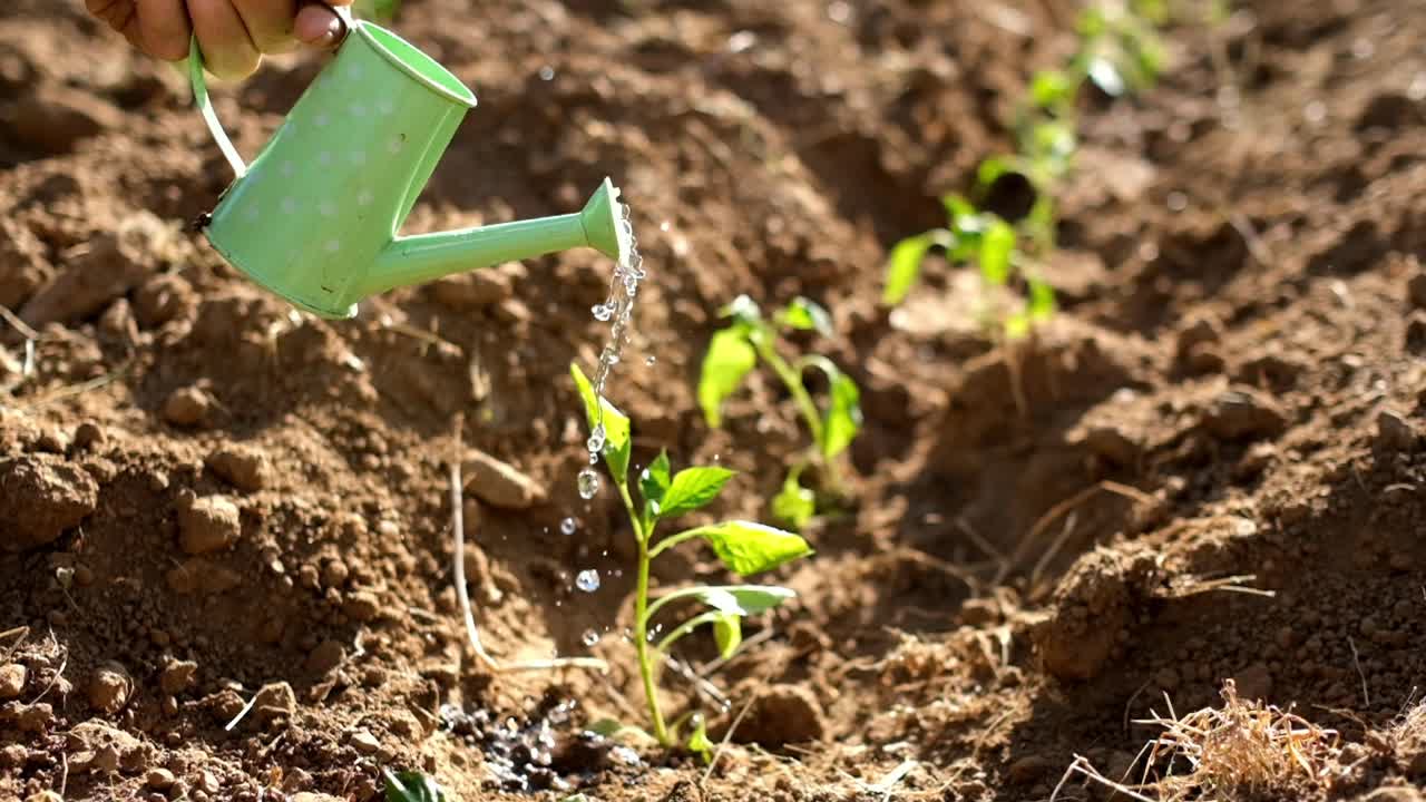 用小水罐浇灌植物视频素材