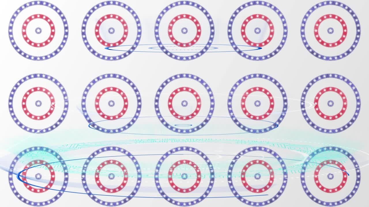 五彩纸屑落在美国国旗上的星星和彩色圆圈的动画视频素材