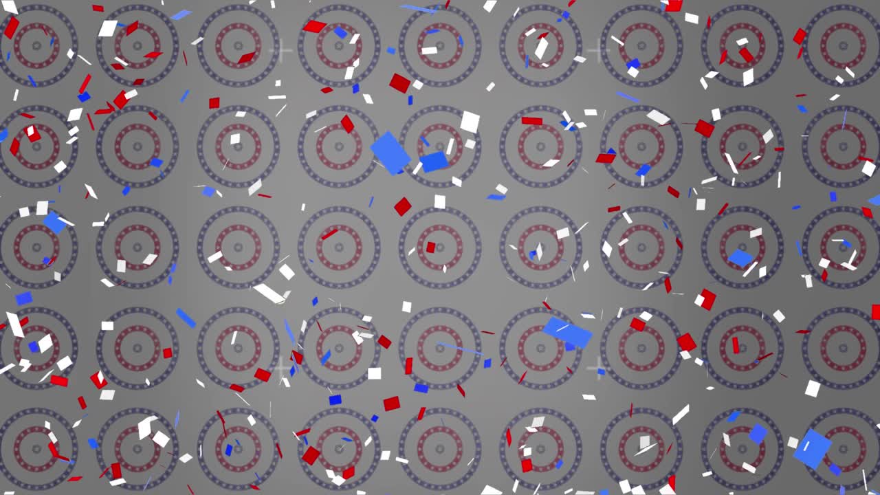 五彩纸屑落在美国国旗上的星星和彩色圆圈的动画视频素材