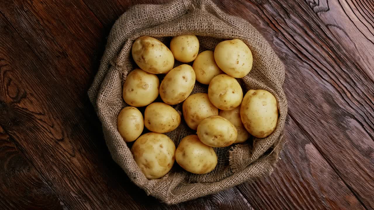 在乡村的背景下，用麻袋收割土豆。平躺视频素材