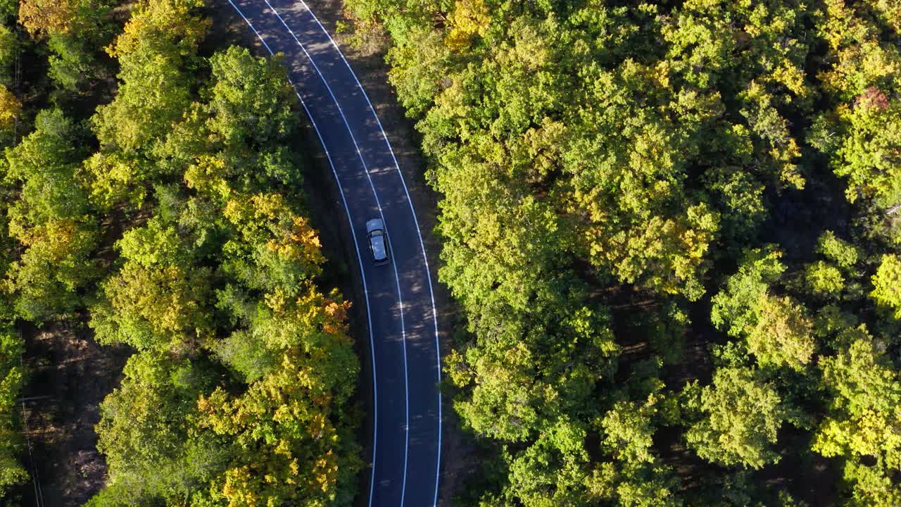 4K高速行驶的汽车在蜿蜒的道路上行驶无人机拍摄的明亮画面视频素材