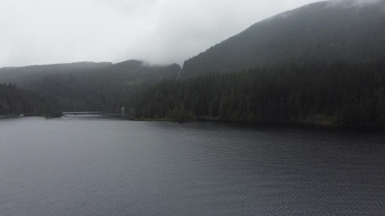 平静的湖被绿色的森林小山环绕着，雨天有雾视频素材