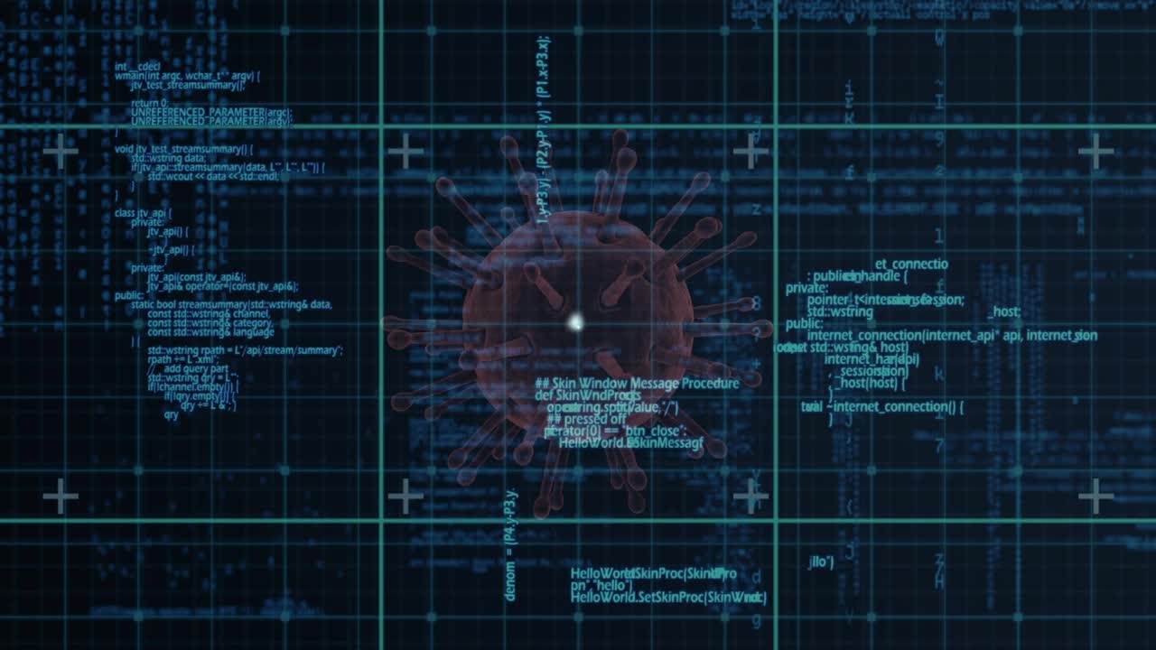 数字图标和数据处理网络对抗在黑色背景上旋转的covid-19细胞视频素材