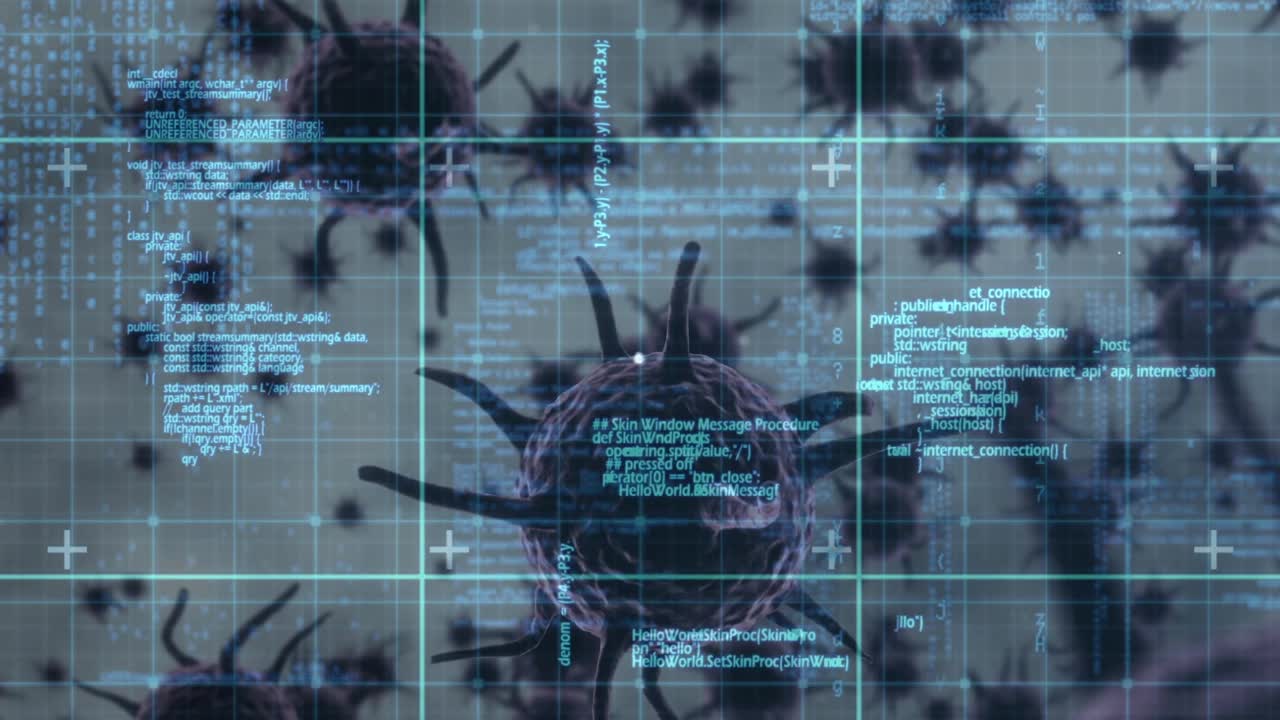针对灰色背景上的多个covid-19细胞的数字图标和数据处理网络视频素材