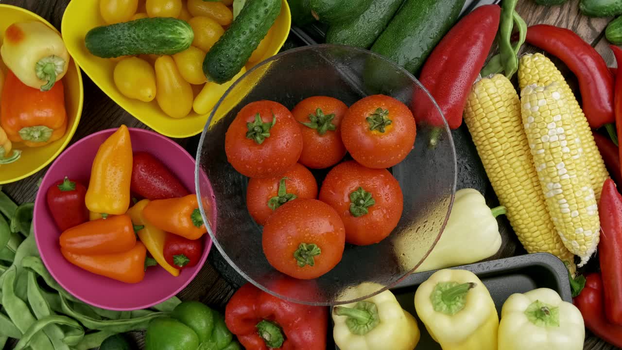 五彩缤纷的有机食品。新鲜的生蔬菜视频素材