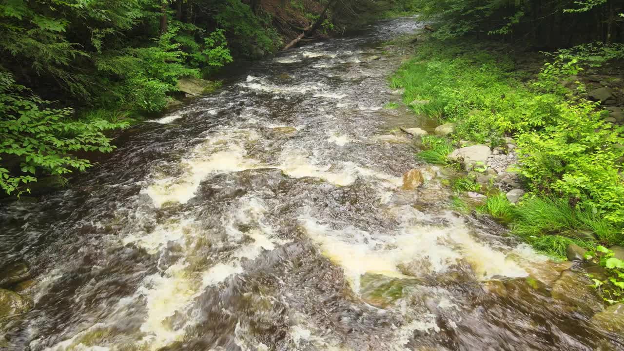 无人机拍摄的最近降雨后一条鳟鱼垂钓的小溪视频素材