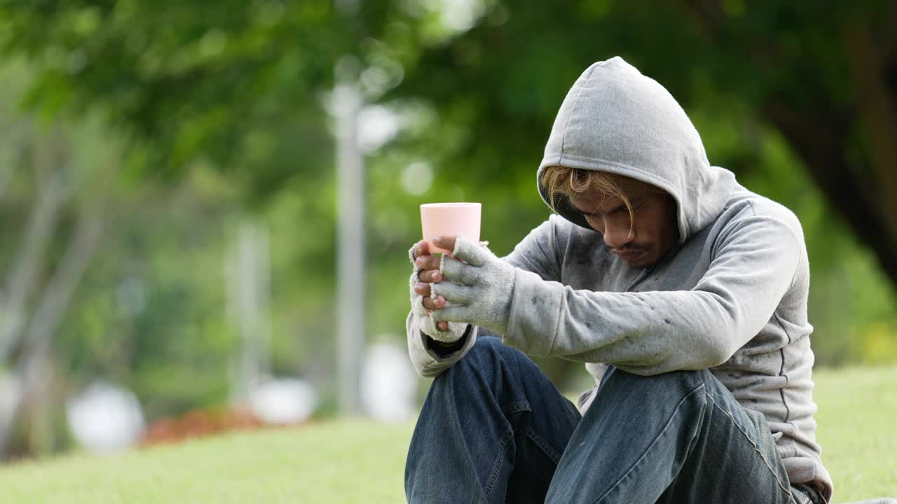 一个坐在草地上拿着杯子要钱的乞丐。视频素材