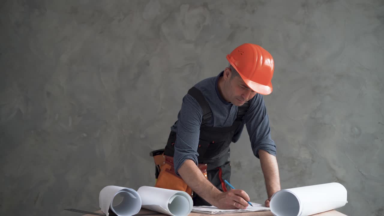 男建筑师或工程师在家里画建筑工程。穿着制服，戴着橙色头盔。视频素材