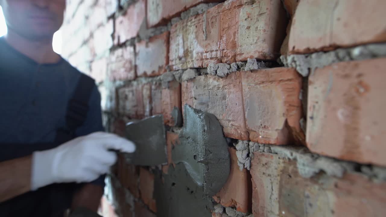 一个男性建筑工人的手特写，他用灰泥粉刷砖墙。家庭装修的概念。视频素材