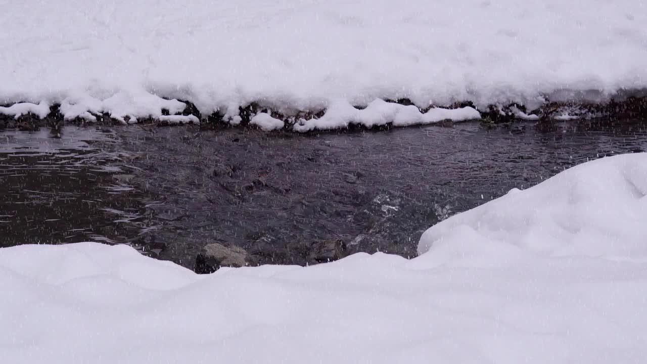 冬天雪山森林河流的景象。雪花飘落，选择性聚焦视频素材