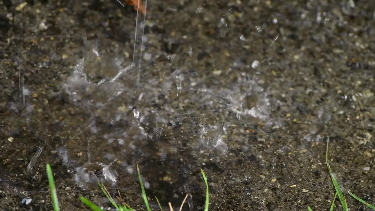 大雨落在地上，特写镜头。雨季，水花洒落在地上运动。背景模糊，焦距不清视频素材