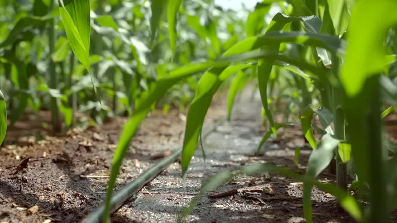 在农场安装滴灌系统，通过让水慢慢滴到植物的根部，有节约水和营养的潜力。通过阀门和管道网络来分配水。视频素材