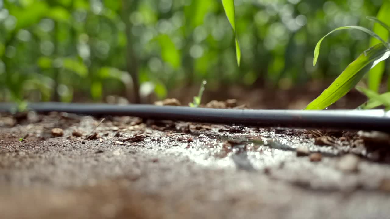 在农场安装滴灌系统，通过让水慢慢滴到植物的根部，有节约水和营养的潜力。通过阀门和管道网络来分配水。视频素材