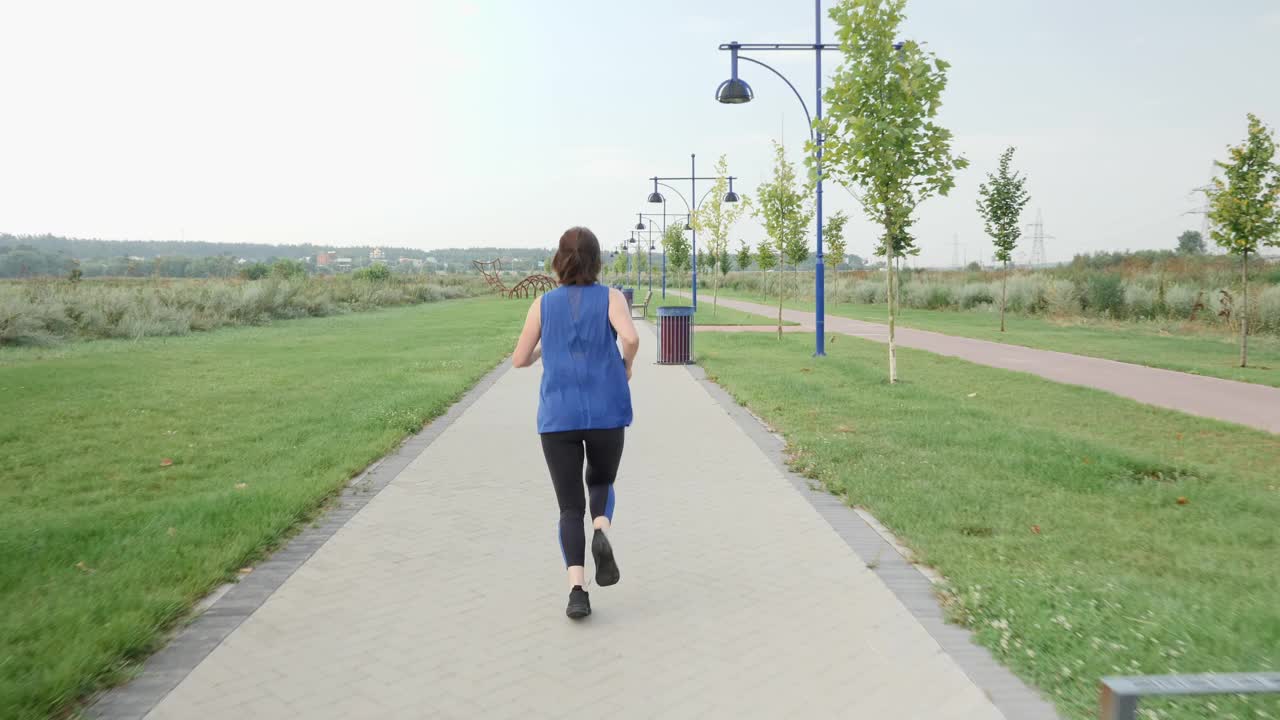 早上在运动路上进行晨跑锻炼的女人。女性在城市公园跑步，后面跟着镜头。适合运动的女士户外锻炼。健康和积极的生活。健康的概念视频素材