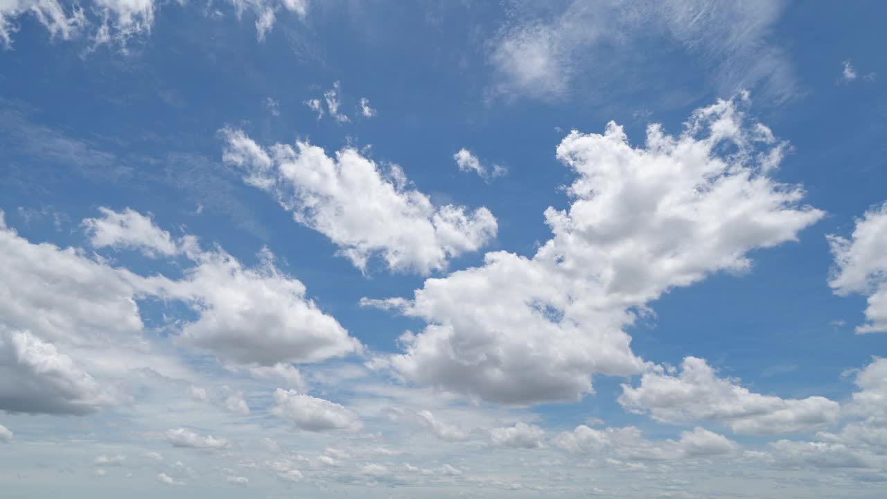 时间流逝，晴朗的蓝天和白色的蓬松的云在中午。一天的时间。抽象自然景观背景。视频素材