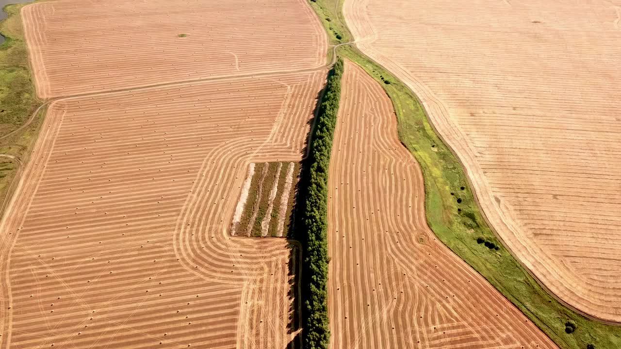 4k鸟瞰图，收割谷物后的倾斜的田地和干草堆，日落时的河流和耕地。农业工业和农业综合企业中谷物收获的概念视频素材