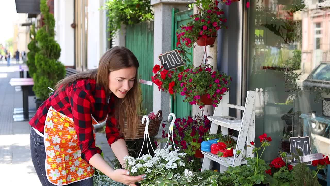 在城市街头花店或花店工作的年轻成年妇女。视频素材