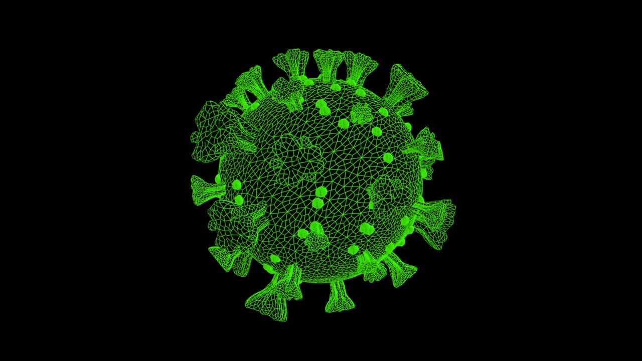 在黑色背景下，新冠病毒细胞在化学结构和数学方程上旋转视频素材