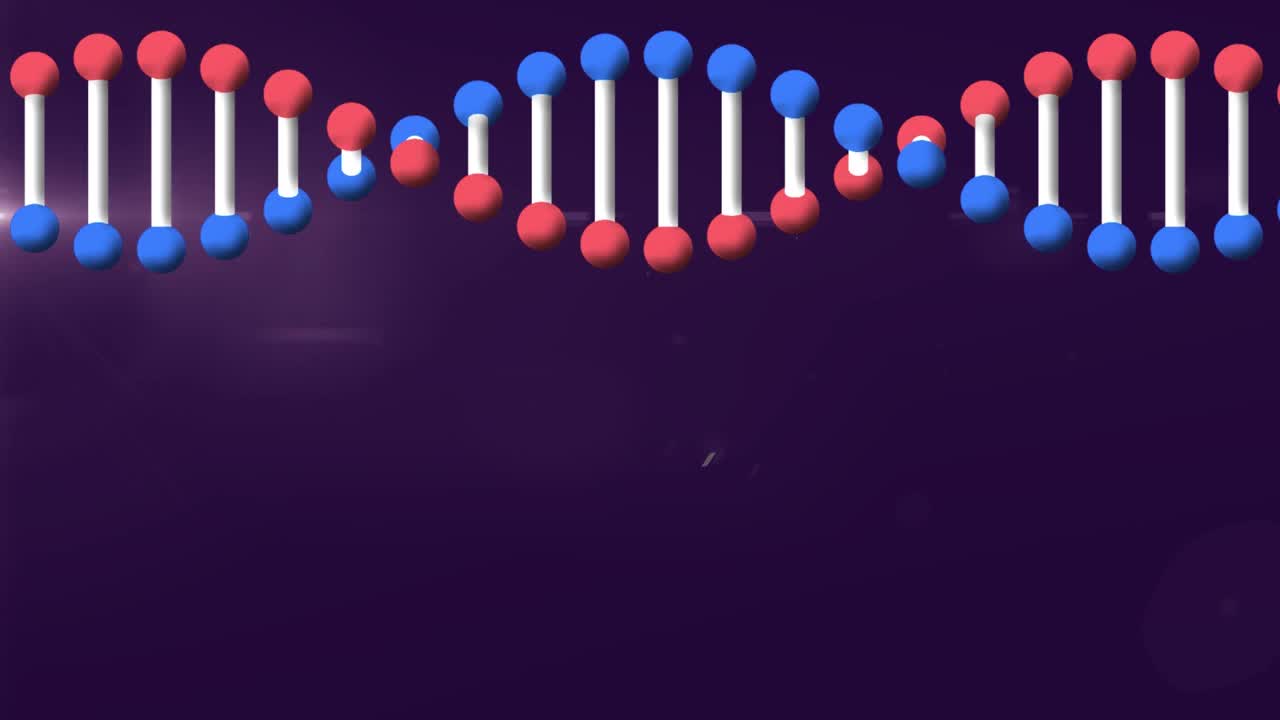 在紫色背景下，dna结构在新冠病毒统计数据上旋转的数字动画视频素材