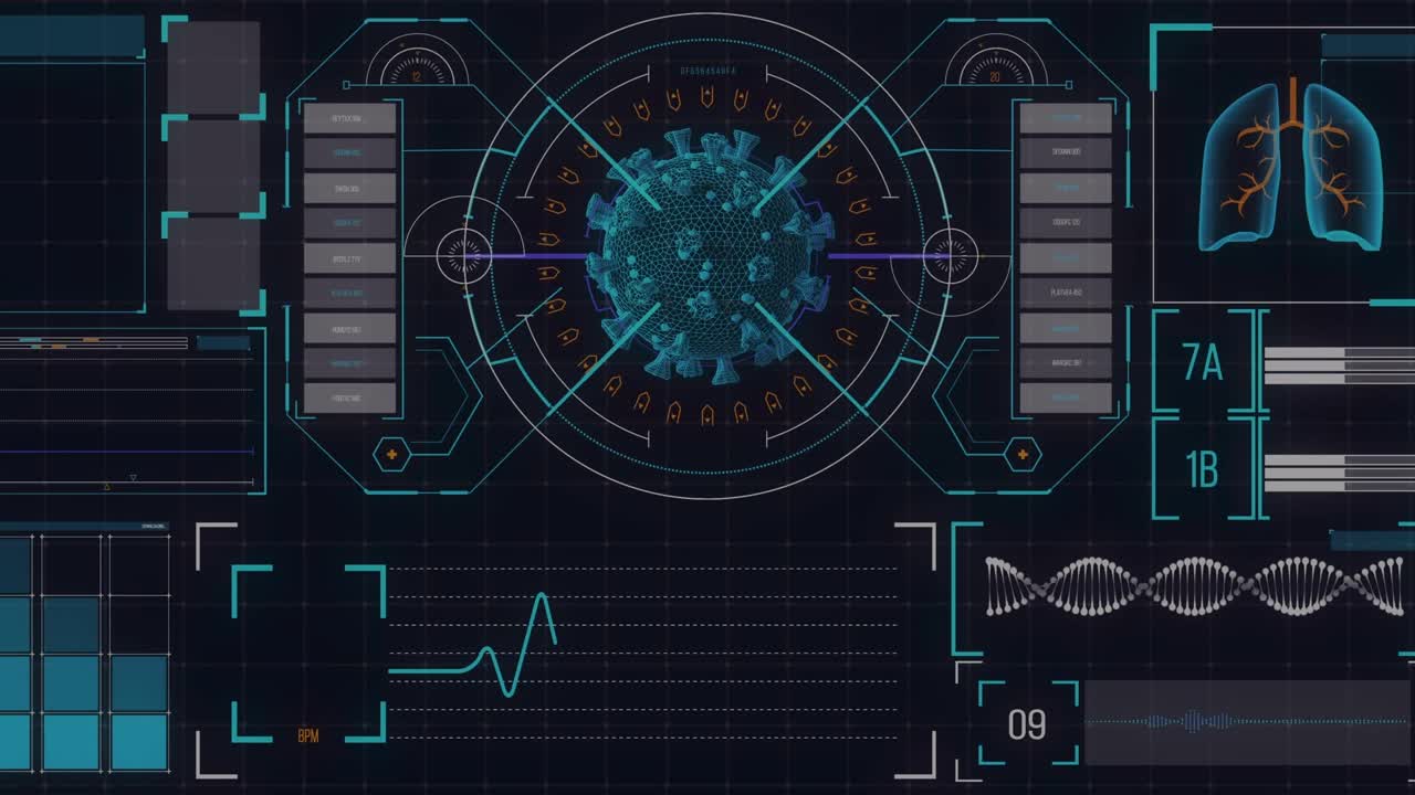 通过数据处理，在数字界面上旋转的新冠病毒细胞的数字动画视频素材